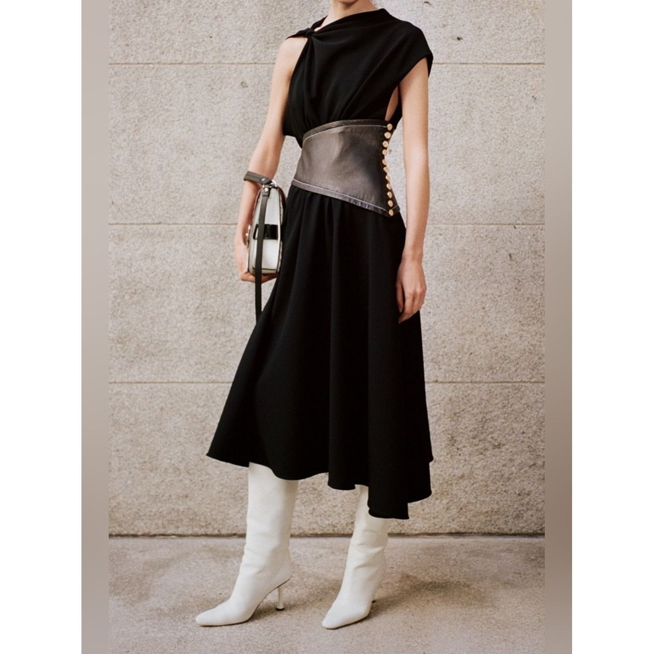 Proenza Schouler Black Midi Dress with Leather Waist Panel NWT US 10