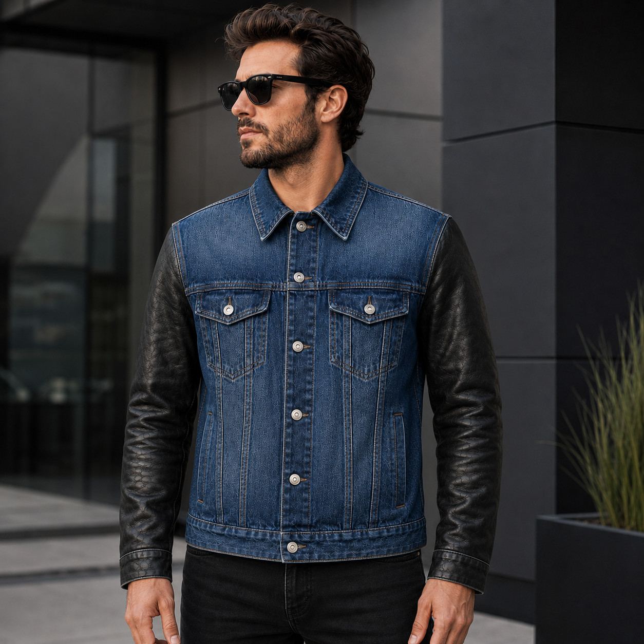 Men’s Denim Trucker Jacket with Leather Sleeves | Vintage Two Tone Hybrid Jacket