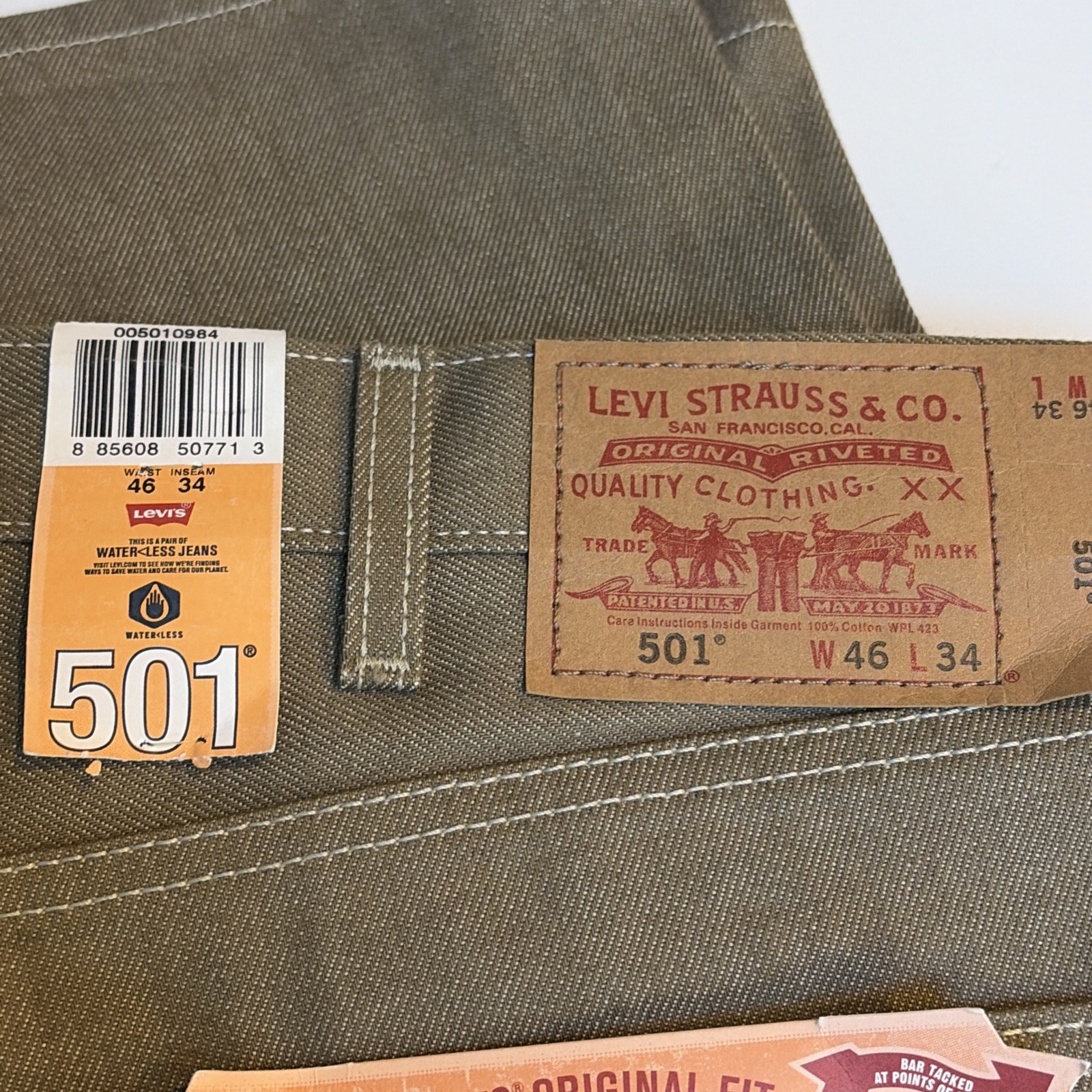 Levis 501 Shrink To Fit Button Fly Jeans Color Dark Khaki Rigid 46×34