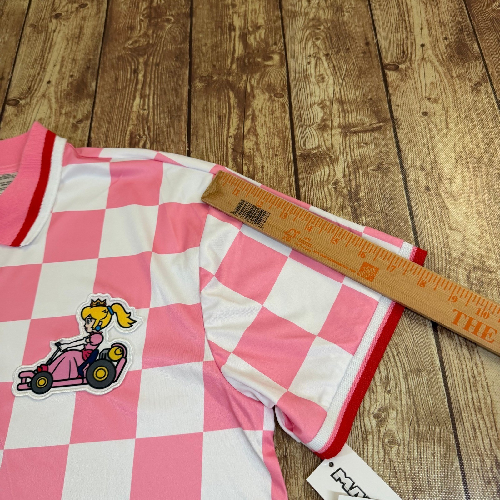 Nintendo Mario Kart Princess Peach Polo Shirt Mens Small Pink Checkered Patch