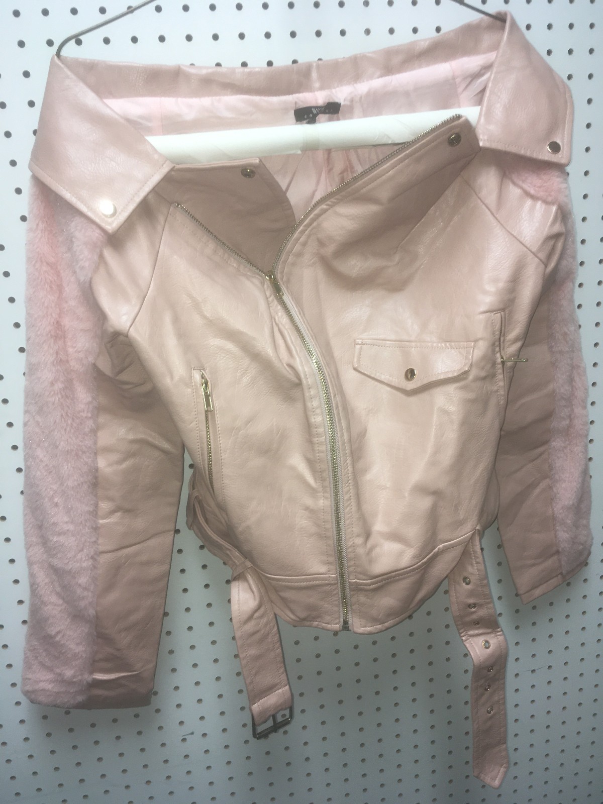 WOW Couture Faux Leather Off the shoulder biker jacket Pink , zip belt Size LRG