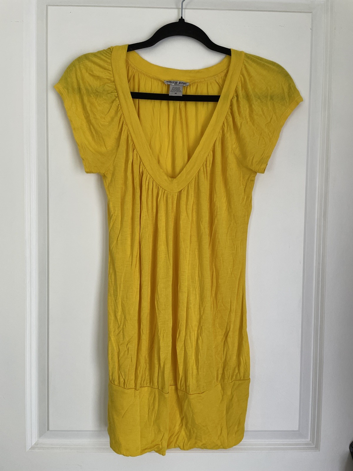 American Dream Clothing Tunic Top M Yellow Draped V-Neck Banded Bubble Hem Y2K