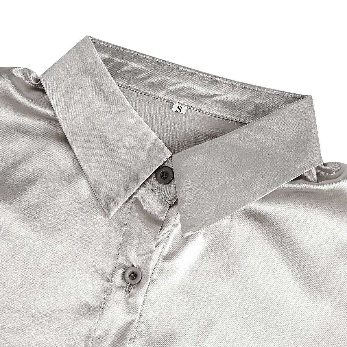 Elegant Women Satin Shirt Solid Color Long Sleeve Blouse Casual Button Down Tops