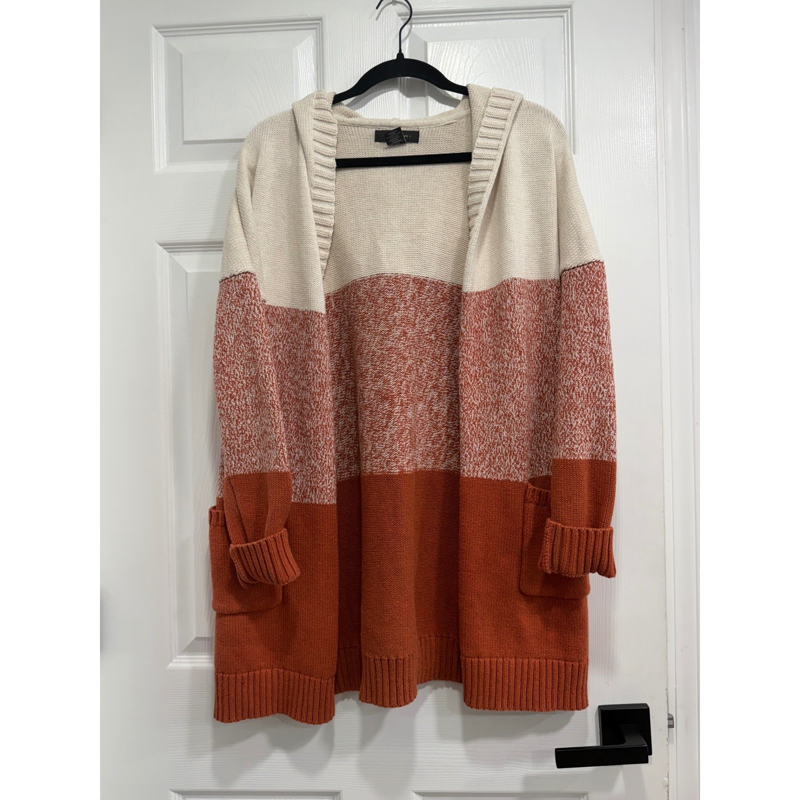 Tahari Womens Colorblock Hooded Cardigan Sweater Orange Rust Cream Medium