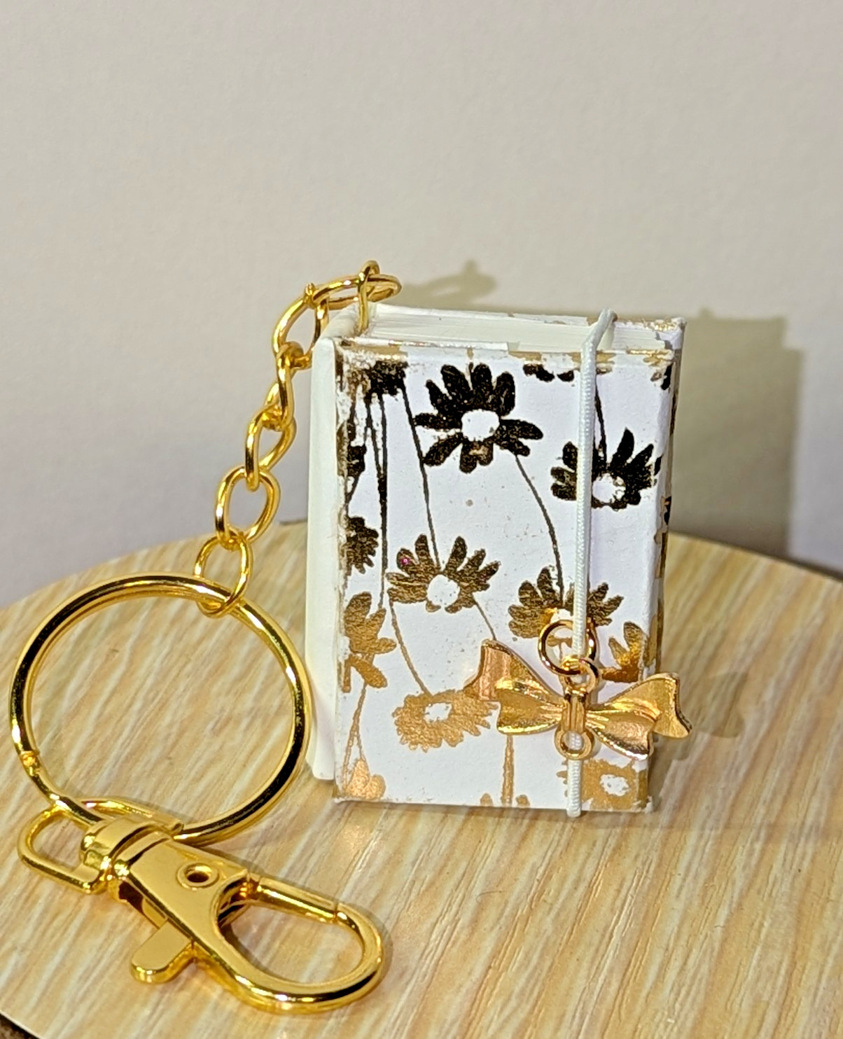 Handmade Gold and White Mini Journal Keychain | One-of-a-Kind