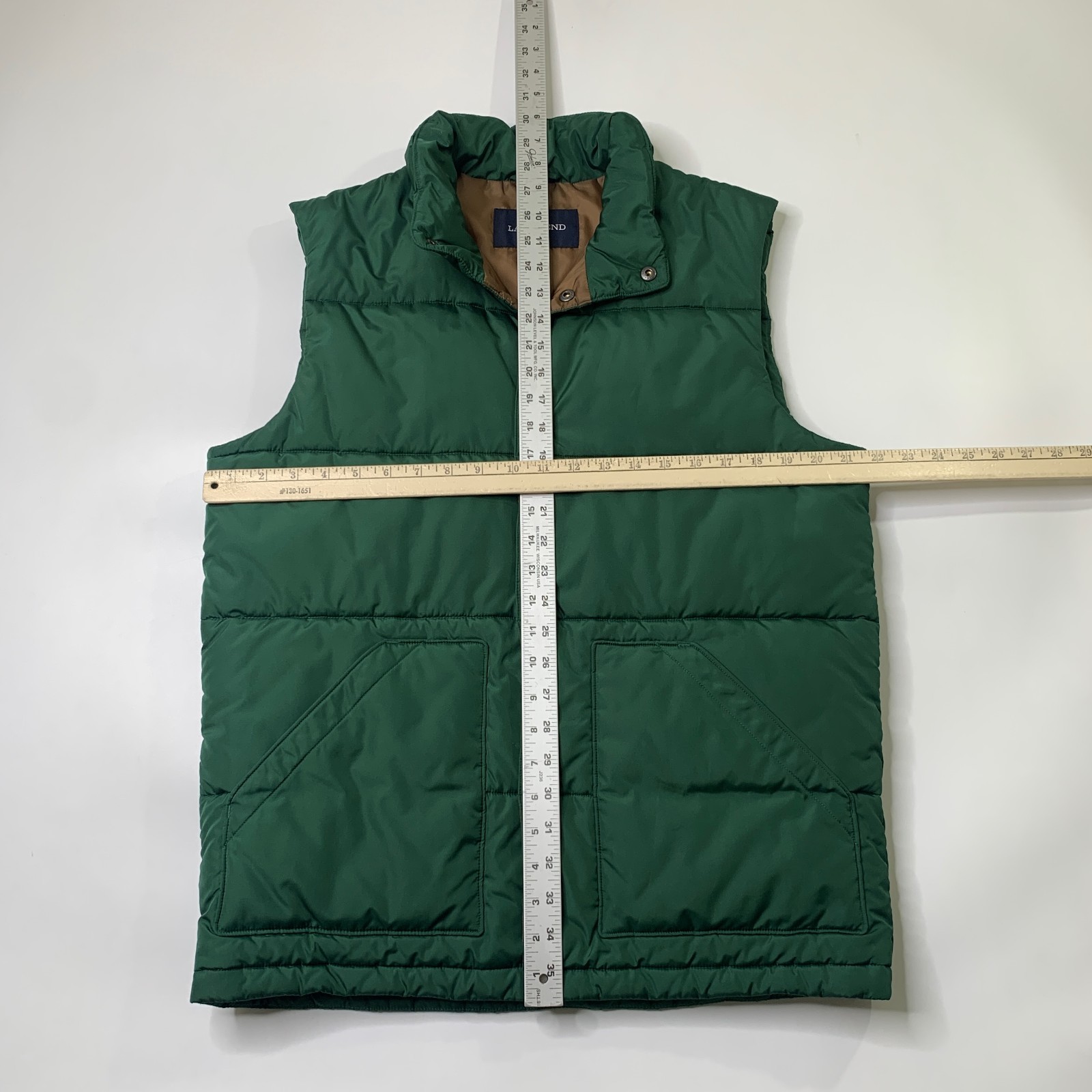 Lands End Vest Mens Medium Pesto Green Insulated Quilted Sleeveless Snap Button