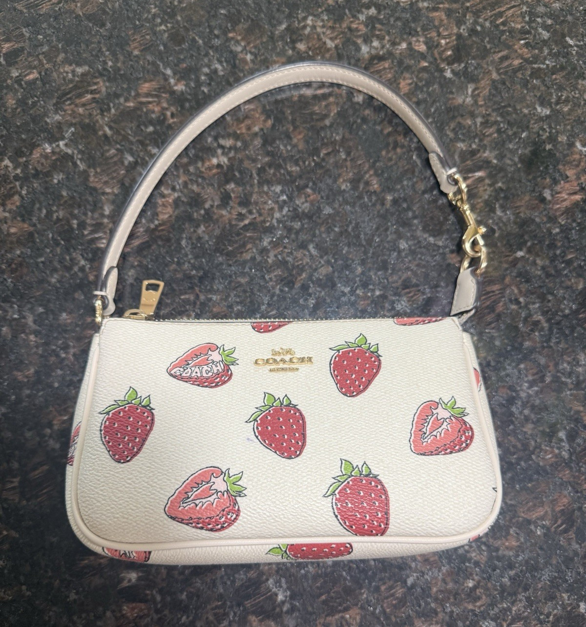 Coach Strawberry Print Zip Baguette Top Handle Bag w/ Detachable Strap