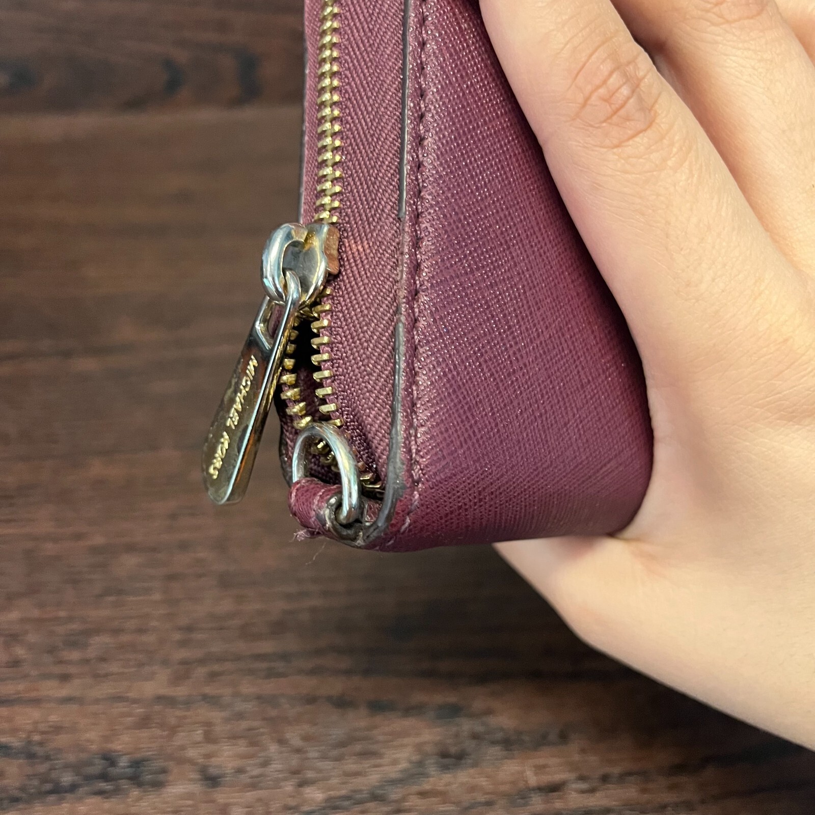 Michael Kors Womens Deep Red Leather Card Holder Pockets Zip Around Purse Wallet