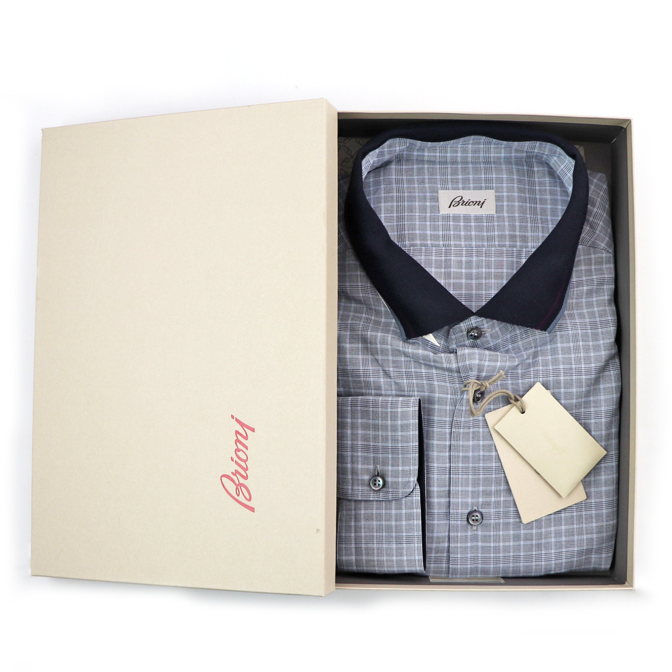 $525 NIB BRIONI Gray Blue Houndstooth Check Cotton Slim Fit L/S Casual Shirt L