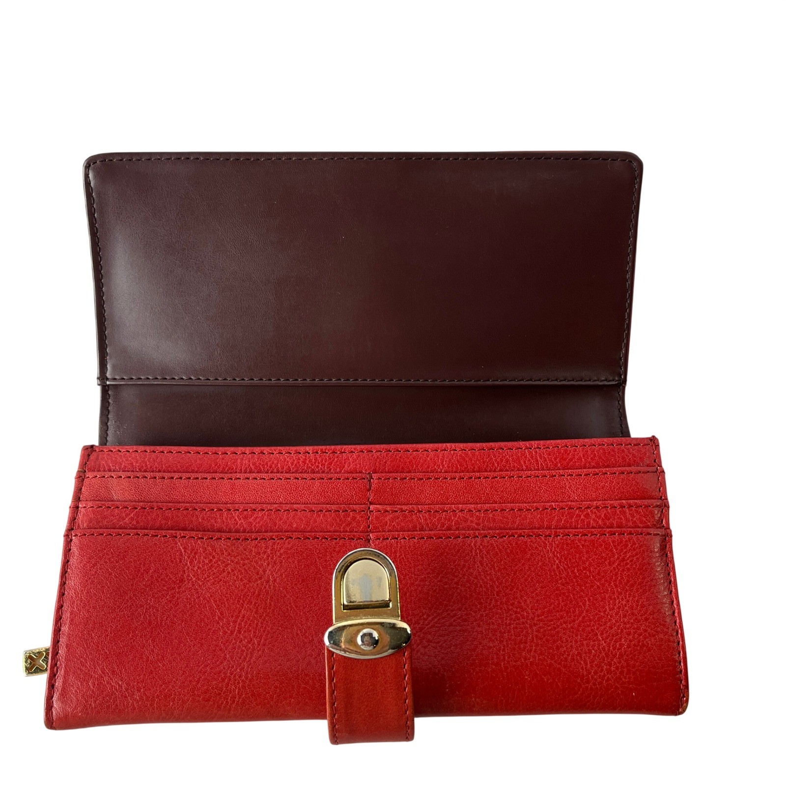MAXX New York Red Leather Continental Wallet Gold Push Lock Zip