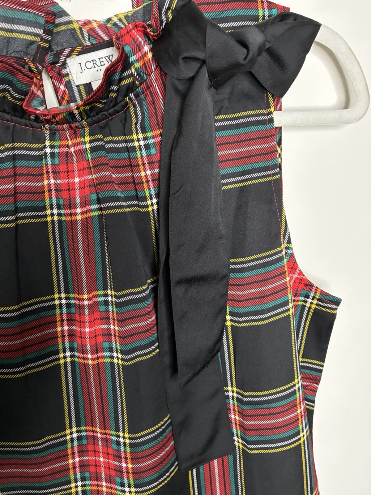 J.CREW Preppy Women XL Woven Plaid Mock Neck Sleeveless Blouse Bow Button Black