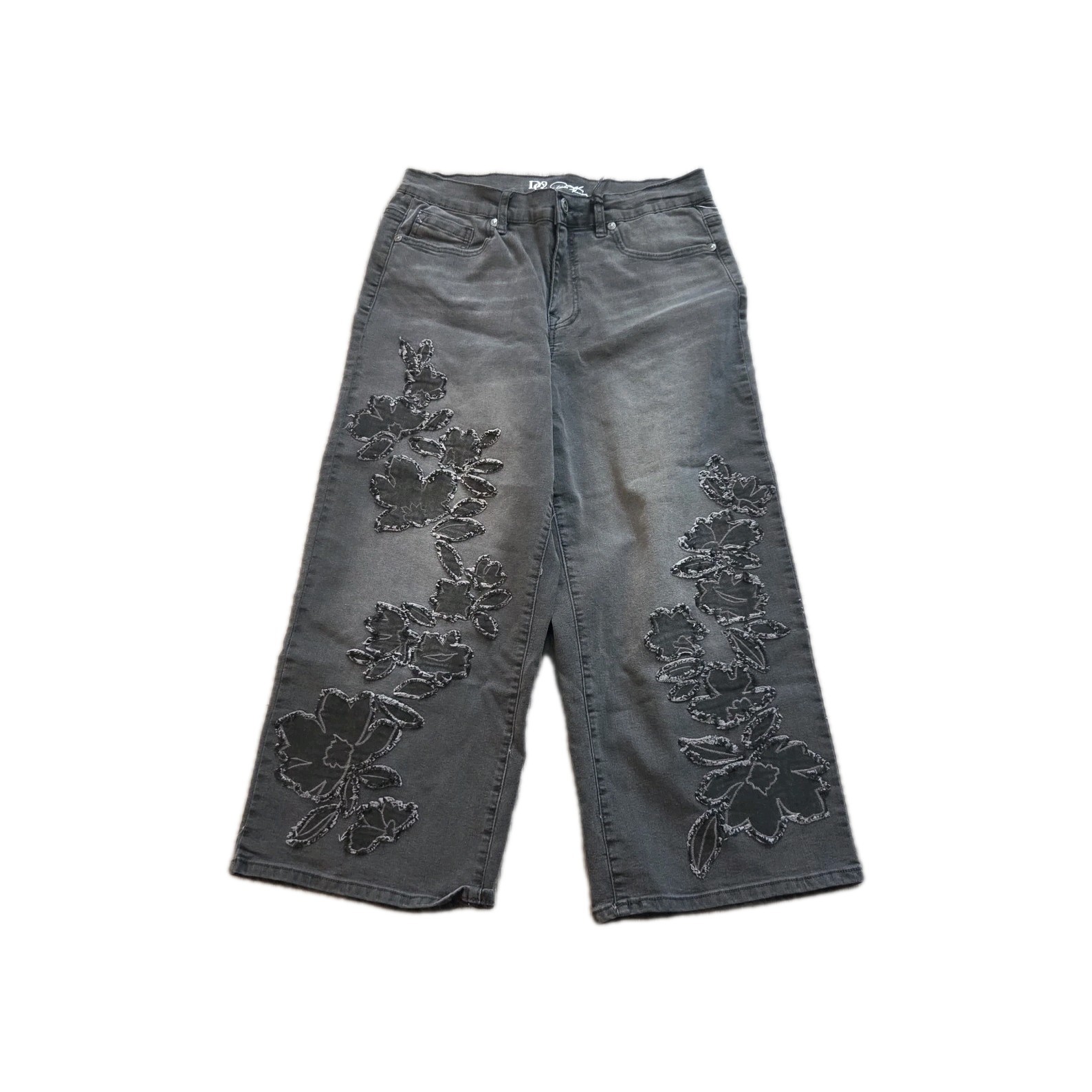 DG2 Diane Gilman Embroidered Frayed Wide Leg Denim Jeans Cropped 10P Black