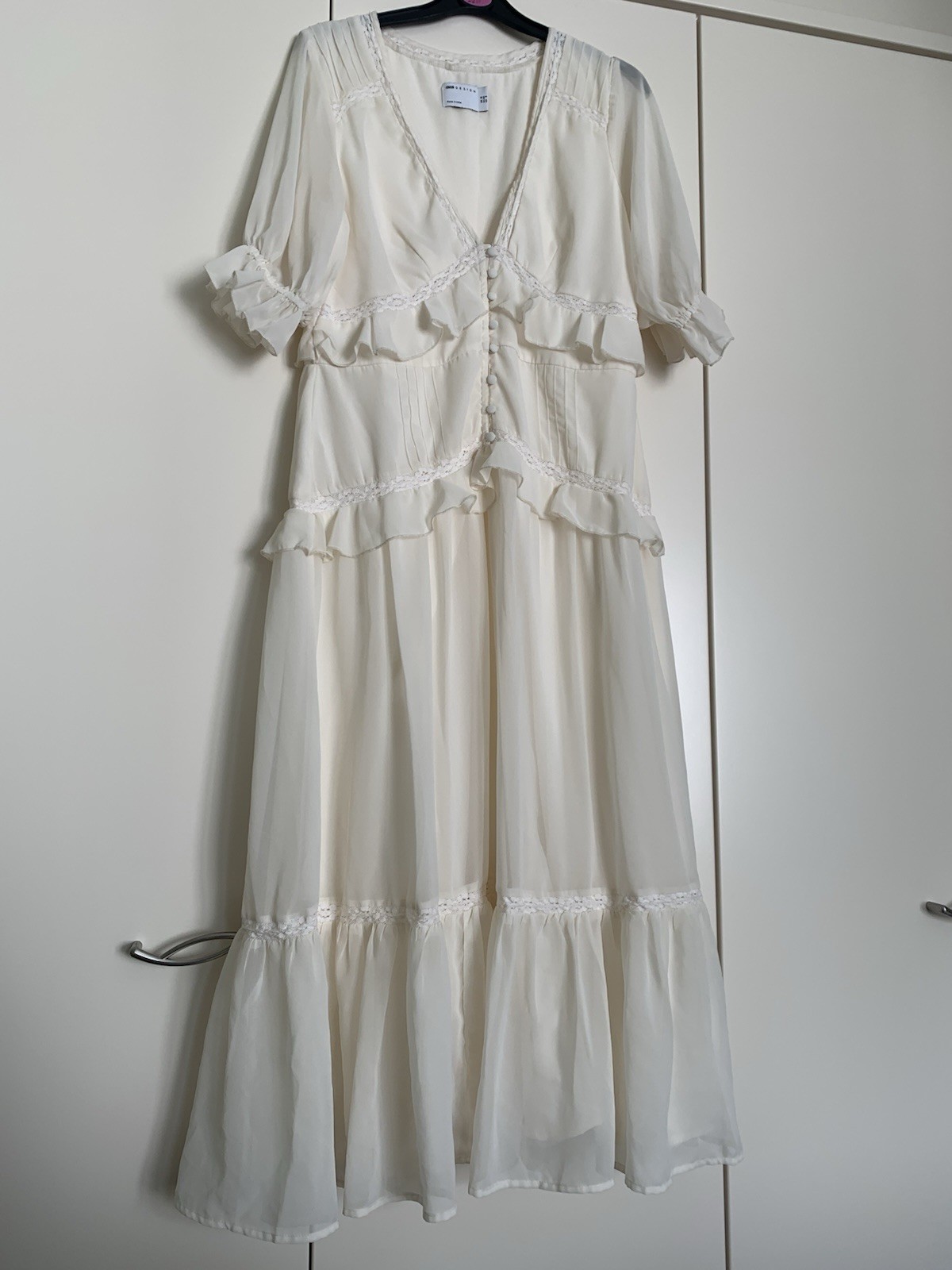 ASOS DESIGN button-through lace insert tiered midi dress in ivory – size 12