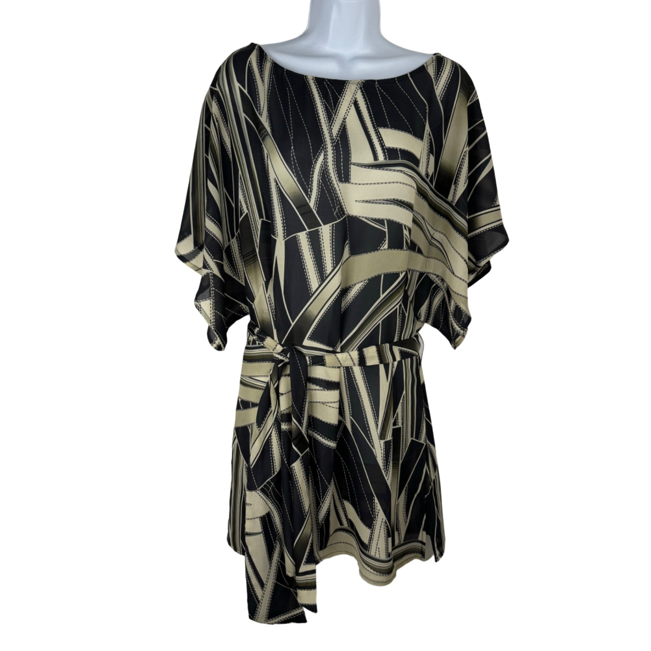 Unique Spectrum Semi Sheer Gray Beige Tunic Blouse Tie at Waist Women’s Med EUC