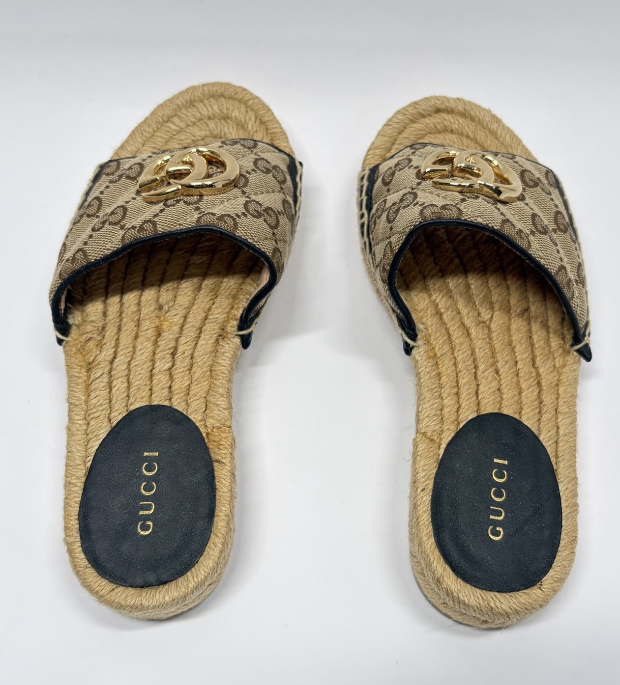 Gucci GG Matelasse Espadrille Slide Sandal Beige Ebony Womens 34.5 / US 4.5