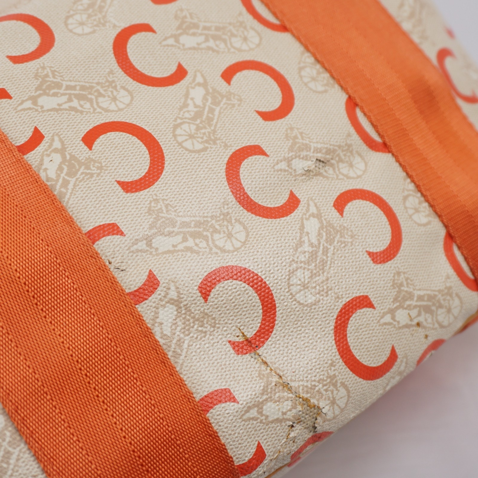CELINE C Sulky Carriage Horse Tote Bag Coated Canvas Leather Orange Auth