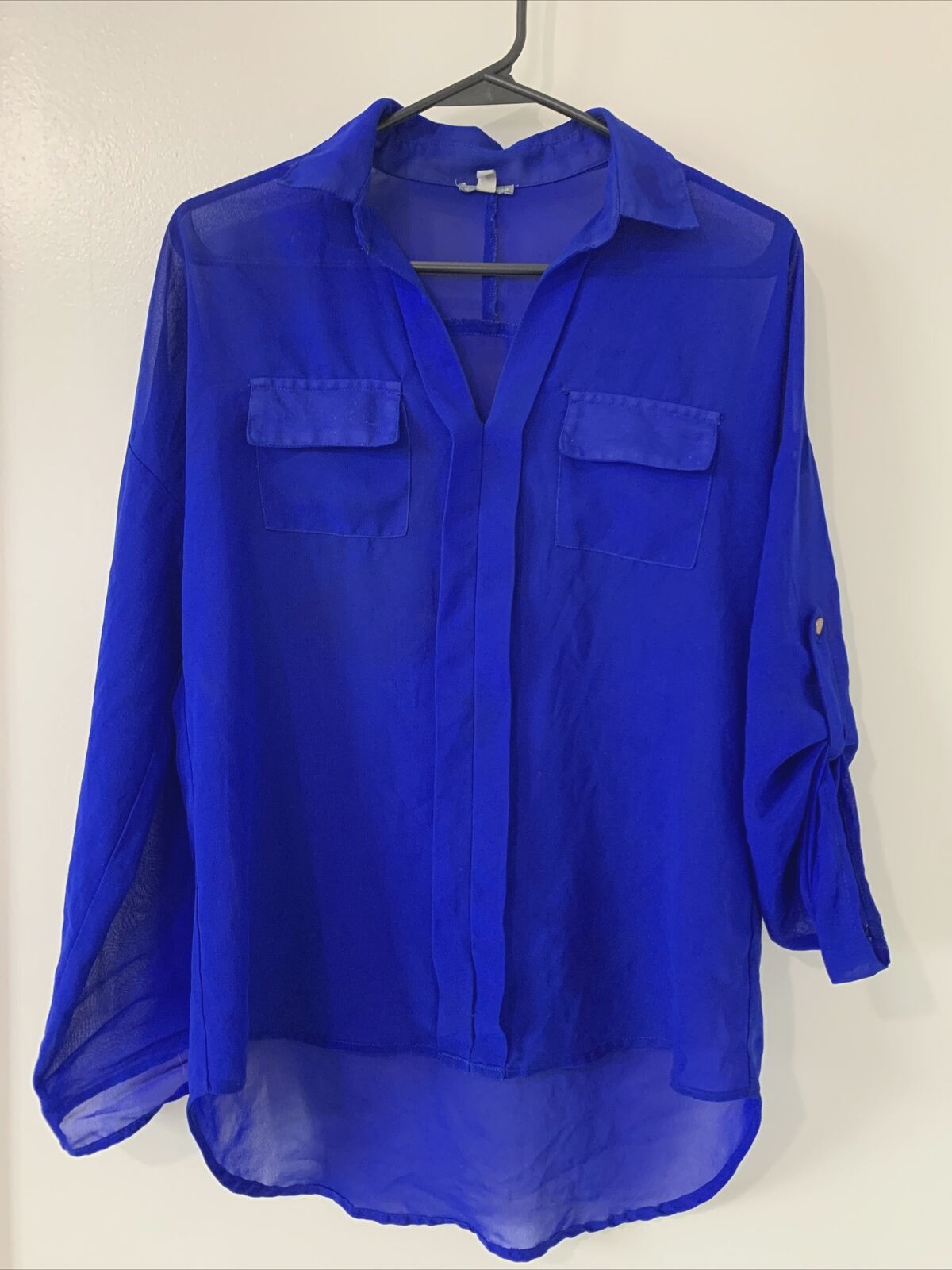 Charlotte Russe Shirt Blouse MEDIUM Dark Royal Blue Semi-Sheer EUC