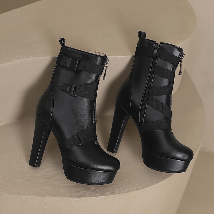 Womens Platform Faux Leather Ankle Boot Round Toe Side Zip Chunky Heels Oversize