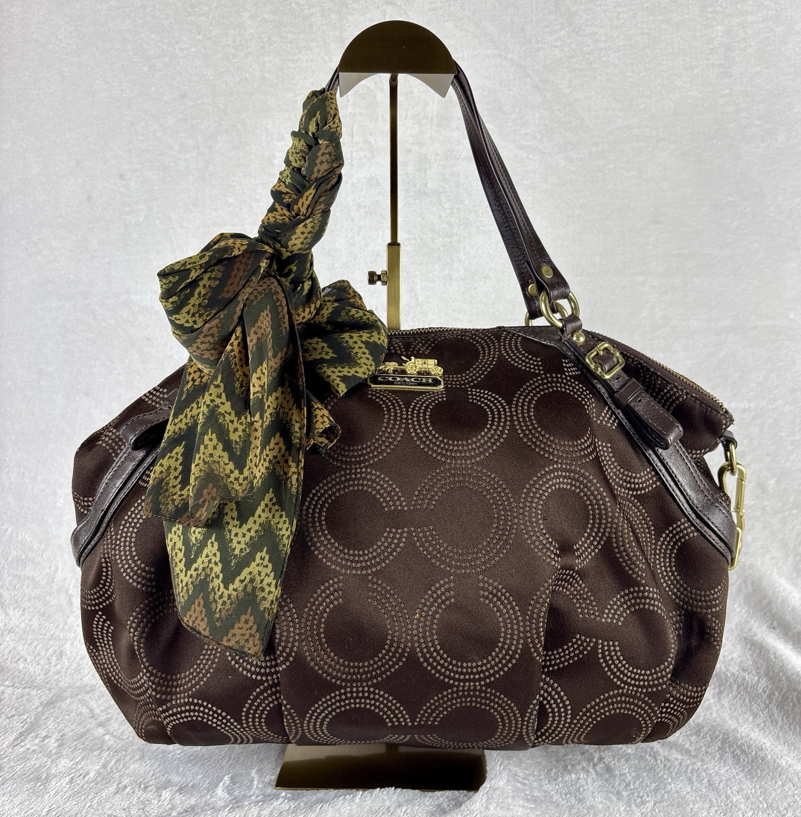Coach Madison Dotted Op Art Sophia Satchel In Brown Sateen With Scarf