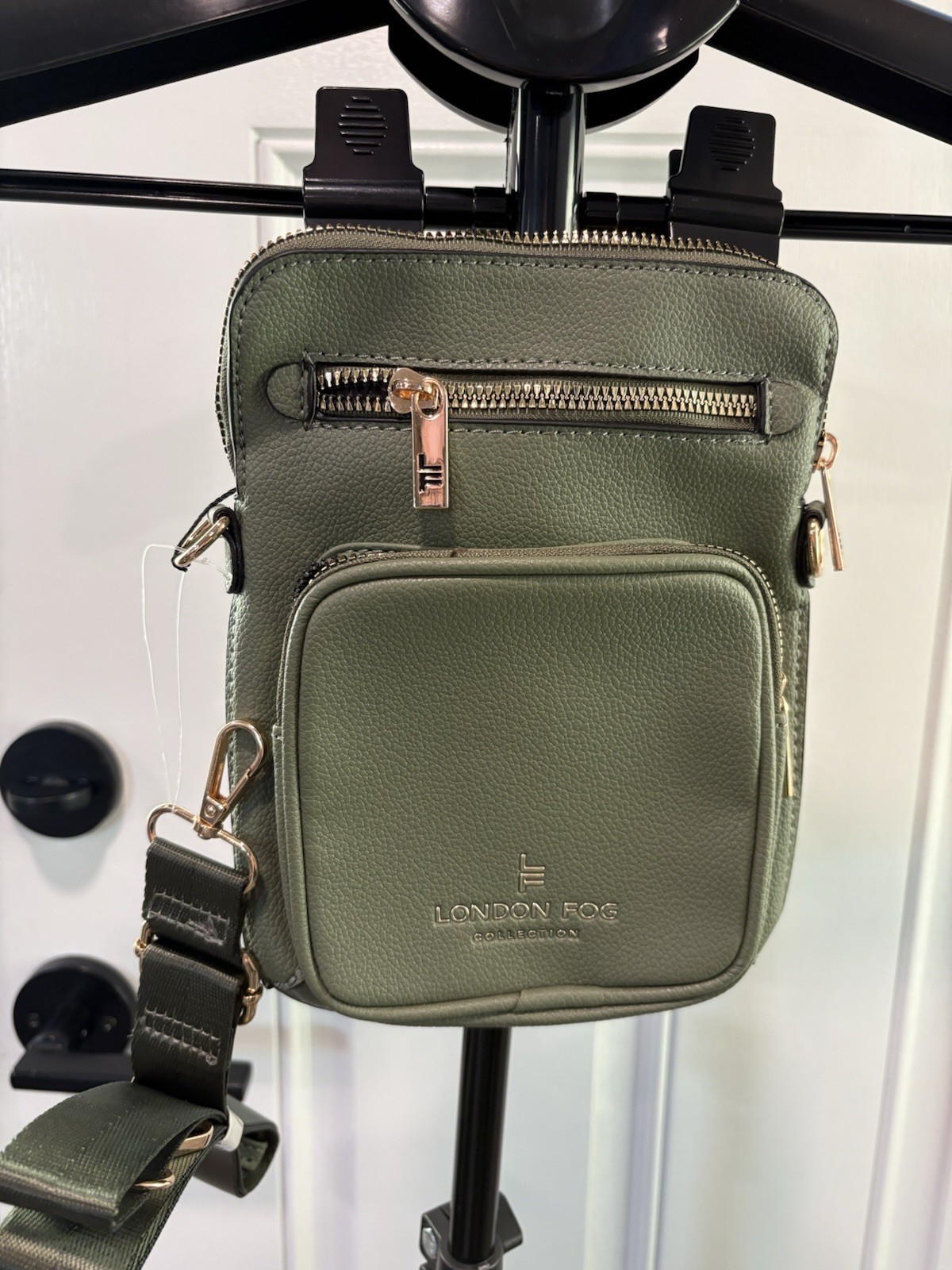 London Fog Small Green Pebbled Crossbody Bag Zip, Adjustable Strap, Pockets