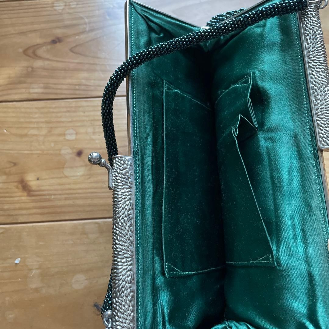 Dark Green Beaded Party Bag with Floral Pattern, Clasp Closure, 9.8×5.7 inches