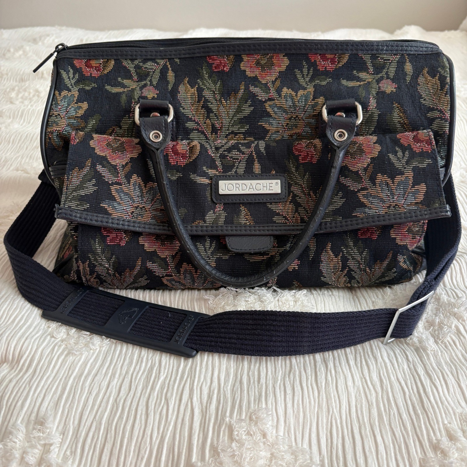 Jordache Floral Tapestry Weekender Bag Black Vtg Multi Travel Duffel Carry On