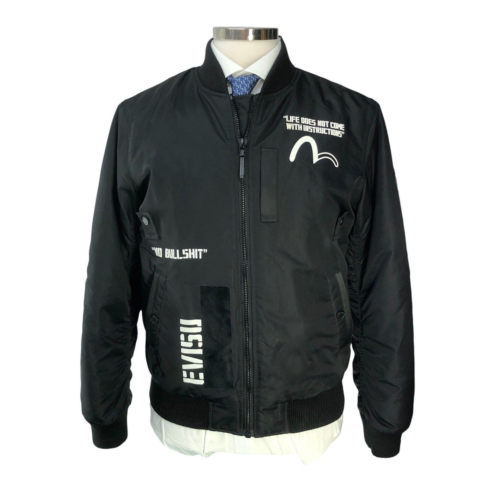 EVISUKURO Flight Jacket Mens M Black Graphic Zip Quilted Liner Streetwear Patch