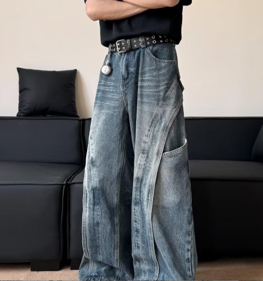 Men’s Retro Blue Denim Loose Fit Jeans Pockets Punk Hip Hop Trousers Casual New