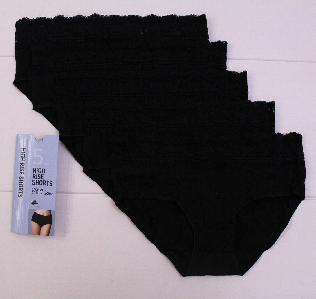Ex M & S Ladies 5 Pack Cotton Lycra Lace High Rise Shorts Briefs Midis Underwear