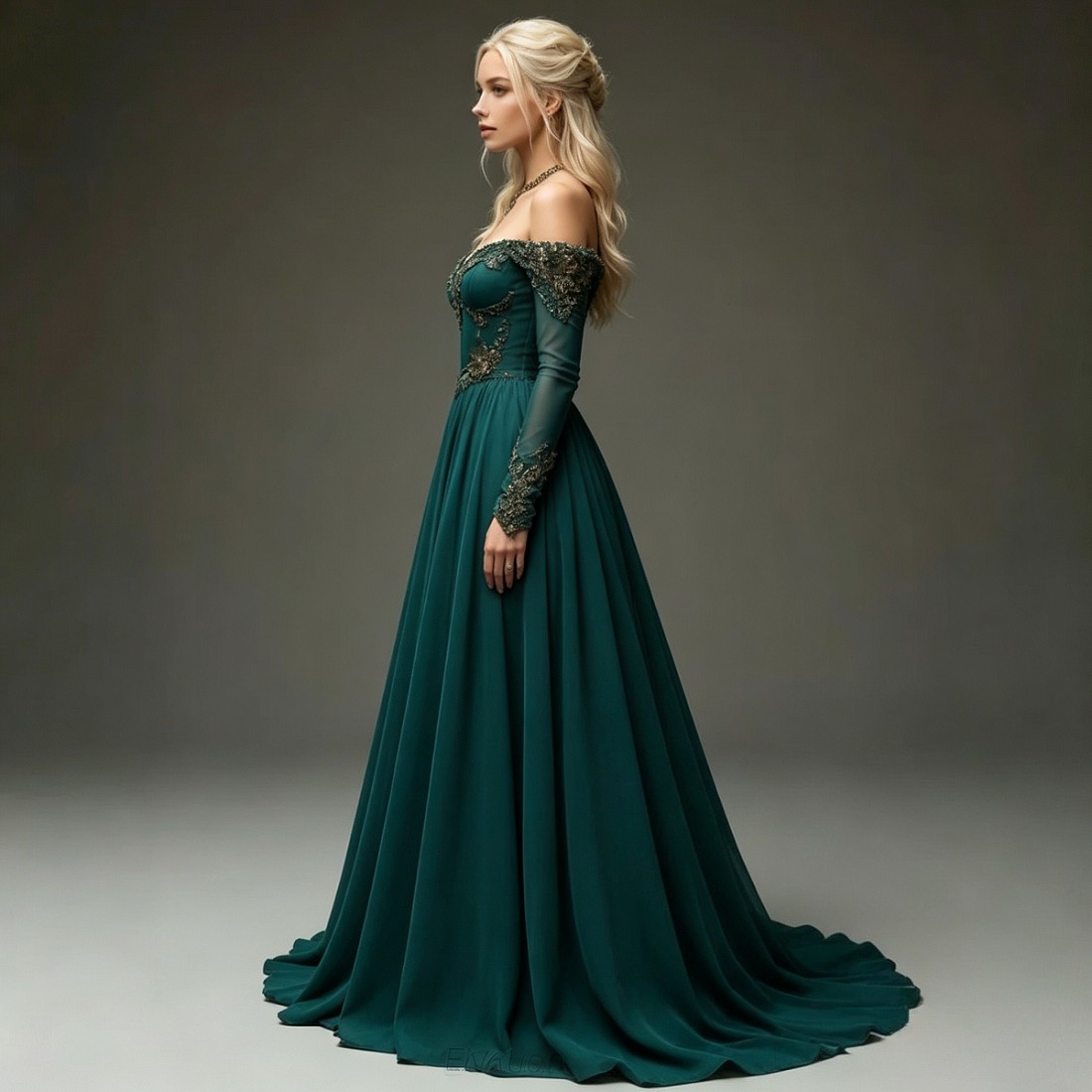 Teal Off-Shoulder Long Sleeve Lace Chiffon Ball Gown Evening Dresses With Train