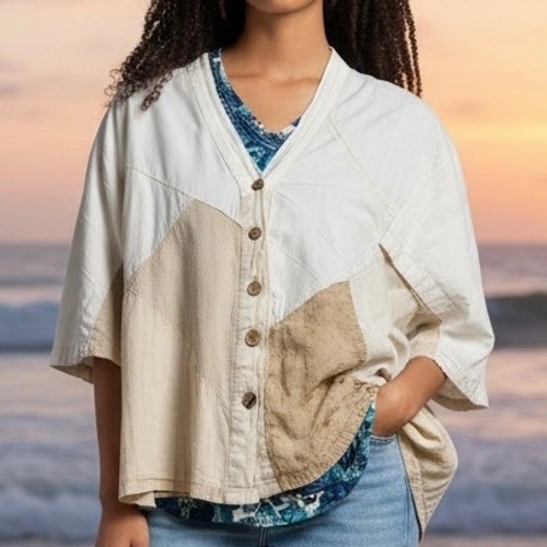 Sacred Threads Womens XL Patchwork Cotton Boho Summer Blouse Cream Tan Eyelet