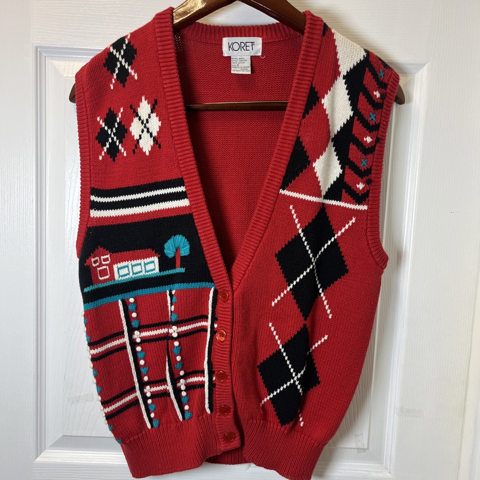 Koret Vintage Women’s Multicolor Cardigan Argyle Knit Sweater Vest Sz S Cabin