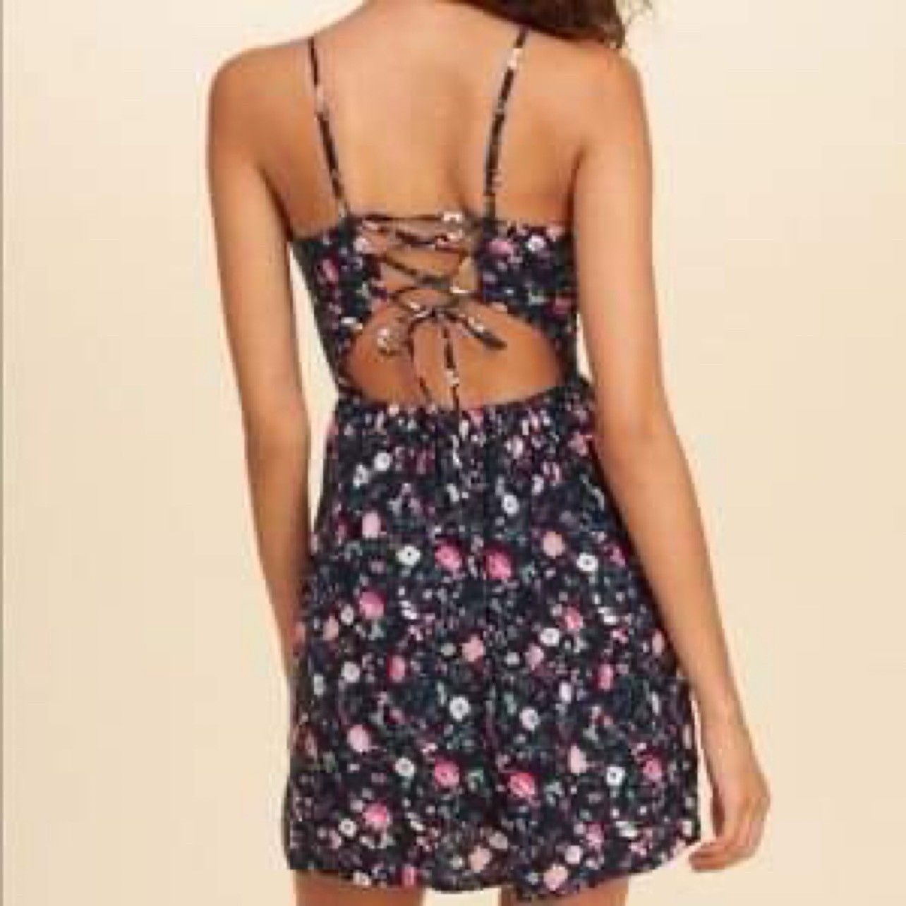 Hollister Floral Halter Open Back Lace-Up Sundress Mini Navy Multi Size XS