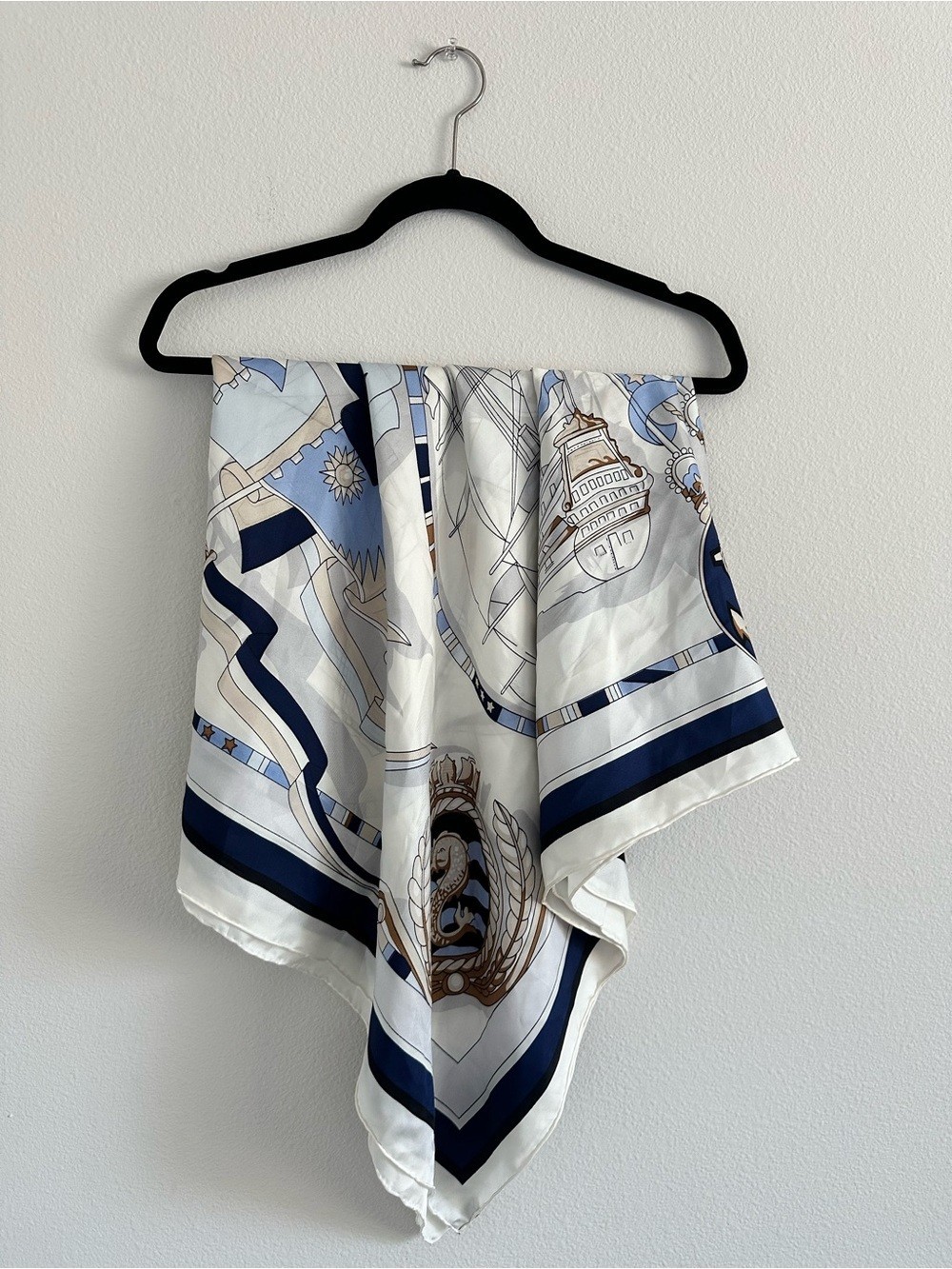 100% Silk Scarf Nautical Chain Print in Navy Light Blue Made in France