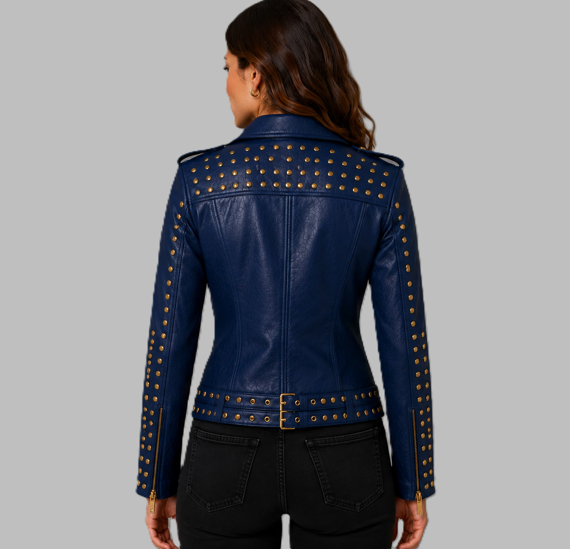 Women Leather Studded Jacket – Handmade Slim Fit – Gold Zip Moto Biker Coat