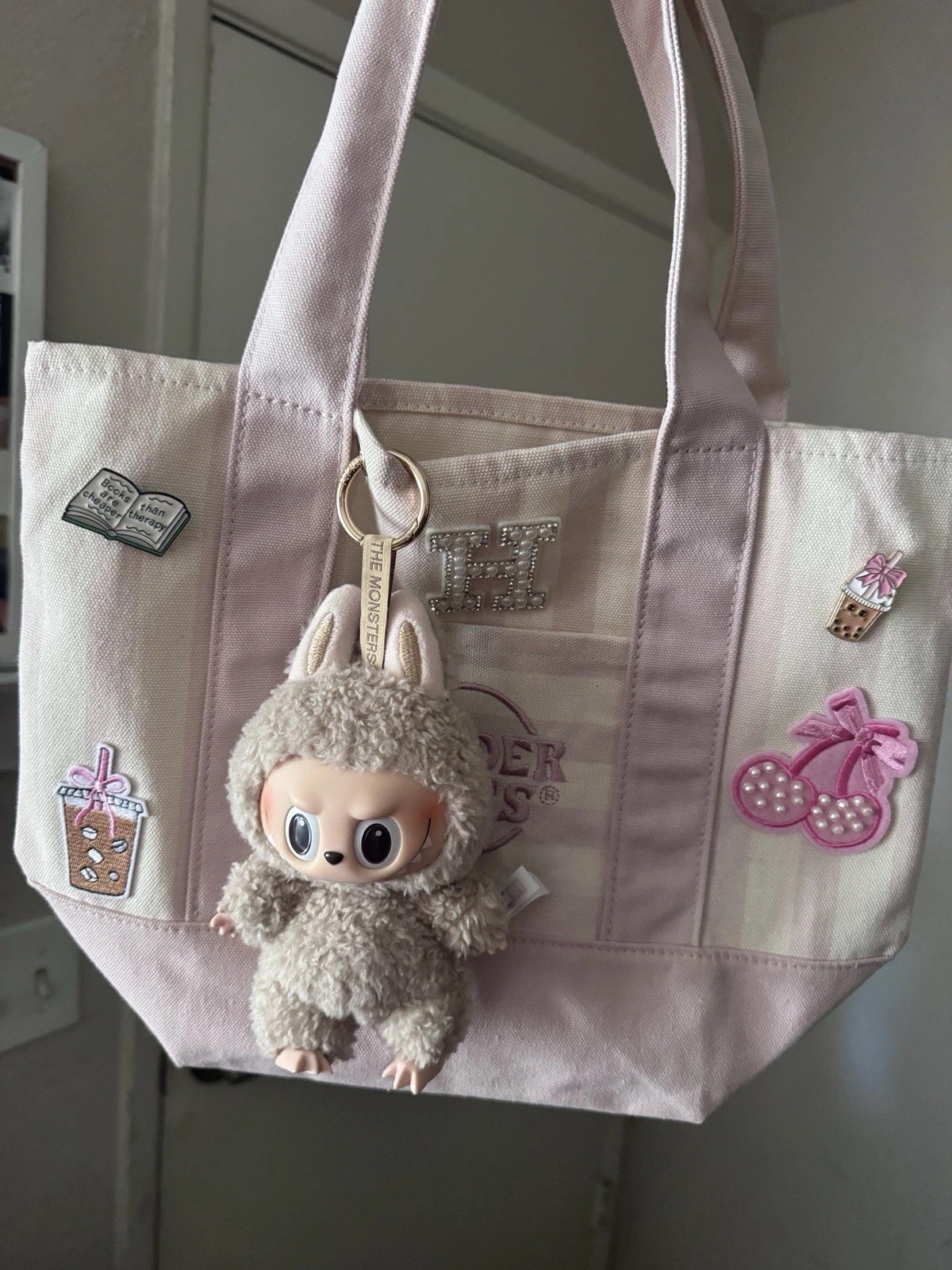 Theme pink striped Trader Joe’s bag with Labubu Plush Keychain Keyring Charm