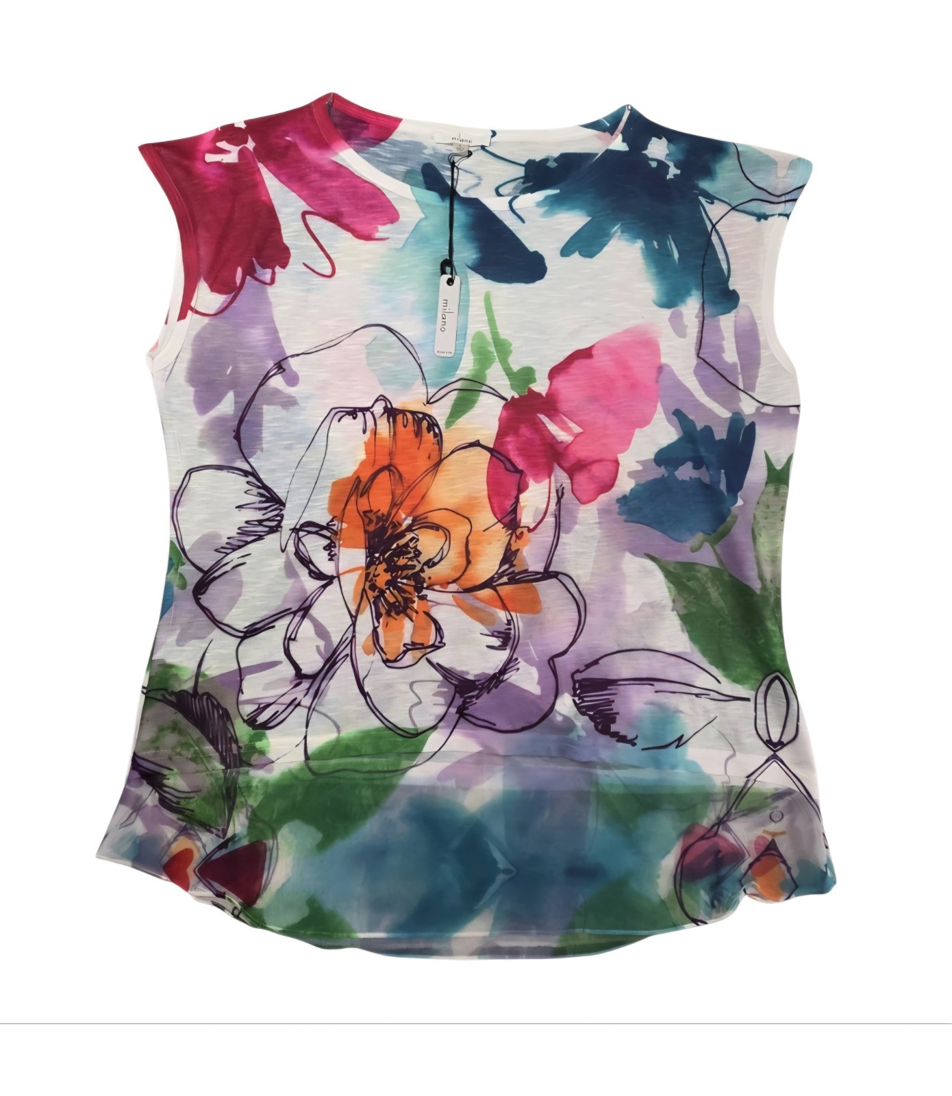 MILANO Flowering Abstract Watercolor Dolman Cap Sleeve Sheer Hem Size L