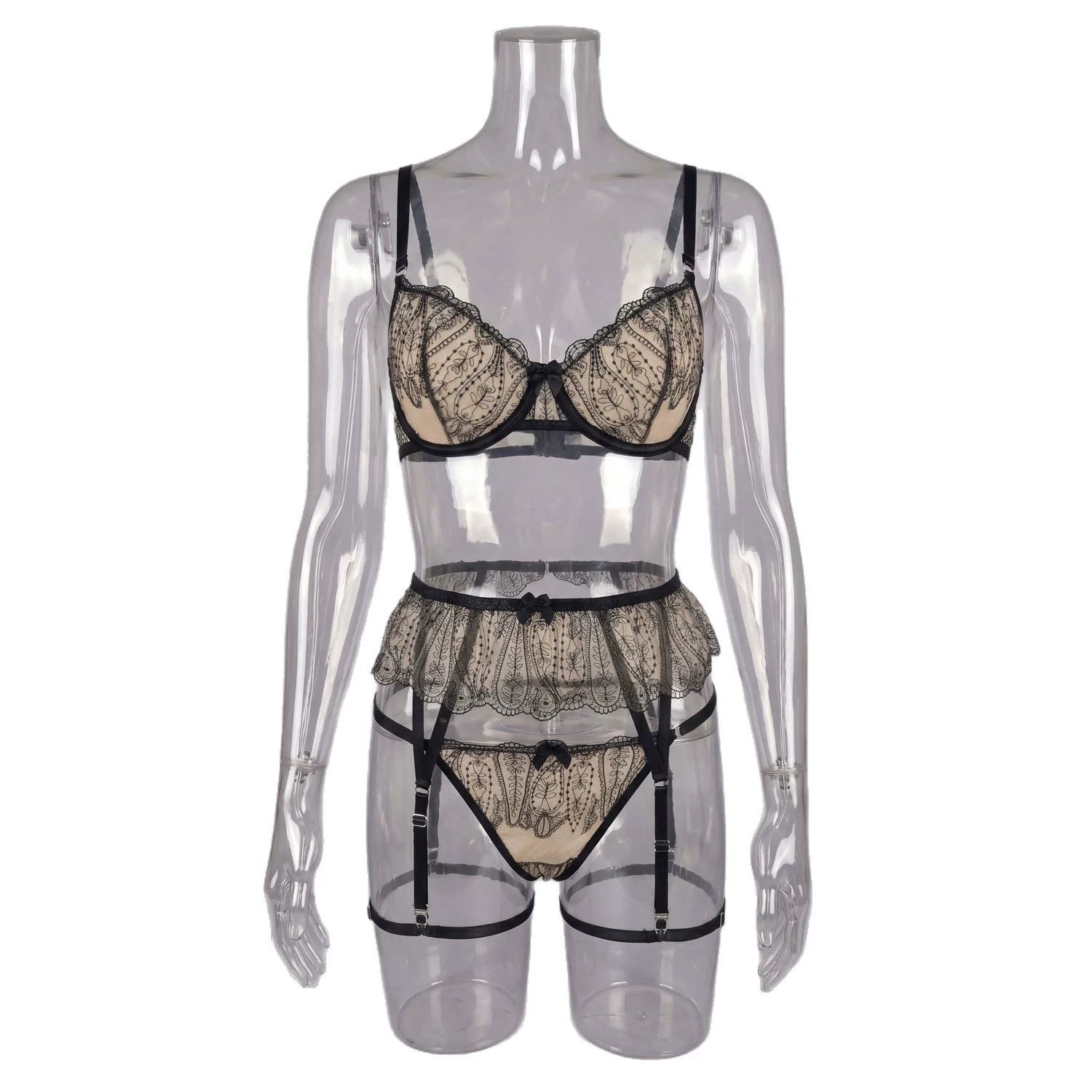 Black Sheer Lace Underwire Garter 3 Piece Lingerie Set Women S-L