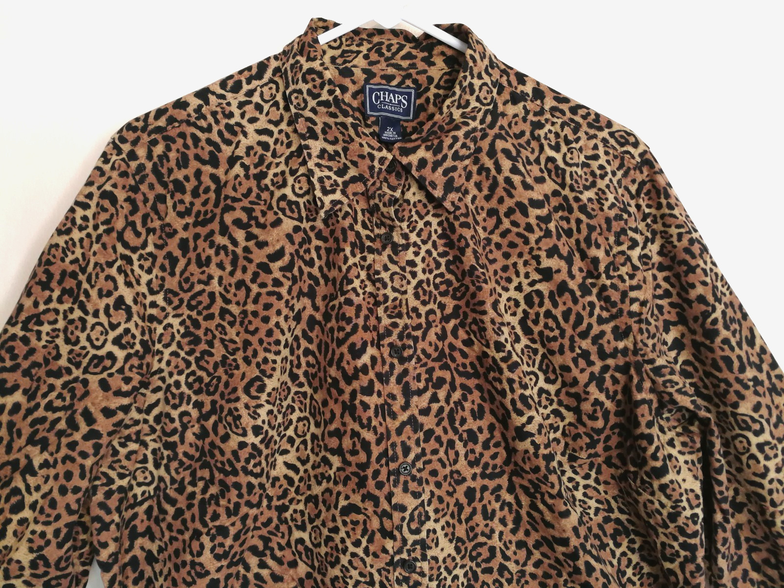 Chaps Classics Womens Blouse 2X Plus Leopard Animal Print Button Up Long Sleeve