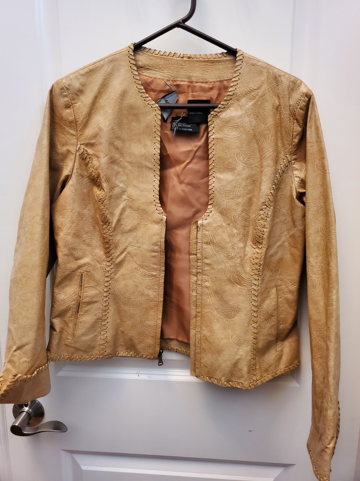 Moda International Tan Genuine Leather Jacket Paisley Textured Whipstitch Women
