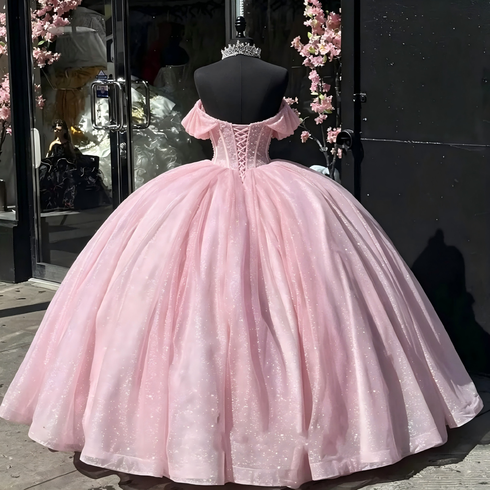 Pink Off Shoulder Sparkly Quinceanera Dresses Glitter Corset Ball Gown Princess