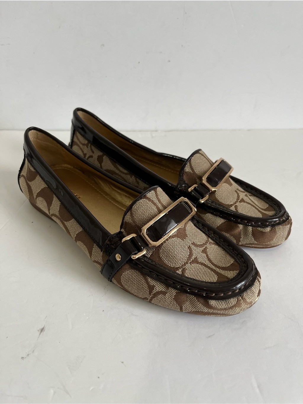 Coach Flynn brown CC Signature Monogram Jacquard driving shoe loafers size 6B