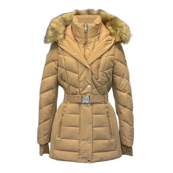 MICHAEL KORS Faux Fur Trim Quilted Puffer Coat Women’s Size L Brown