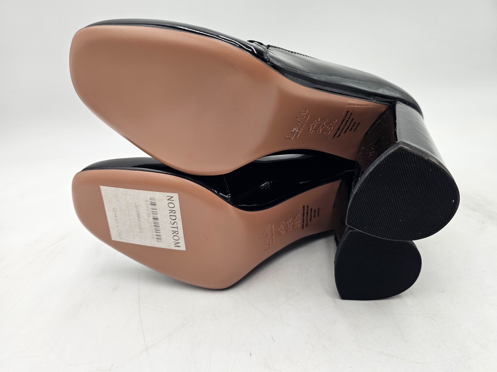 LEWIT Amara Black Patent Leather Metal Bar Block Heel Pump Size 35 1/2