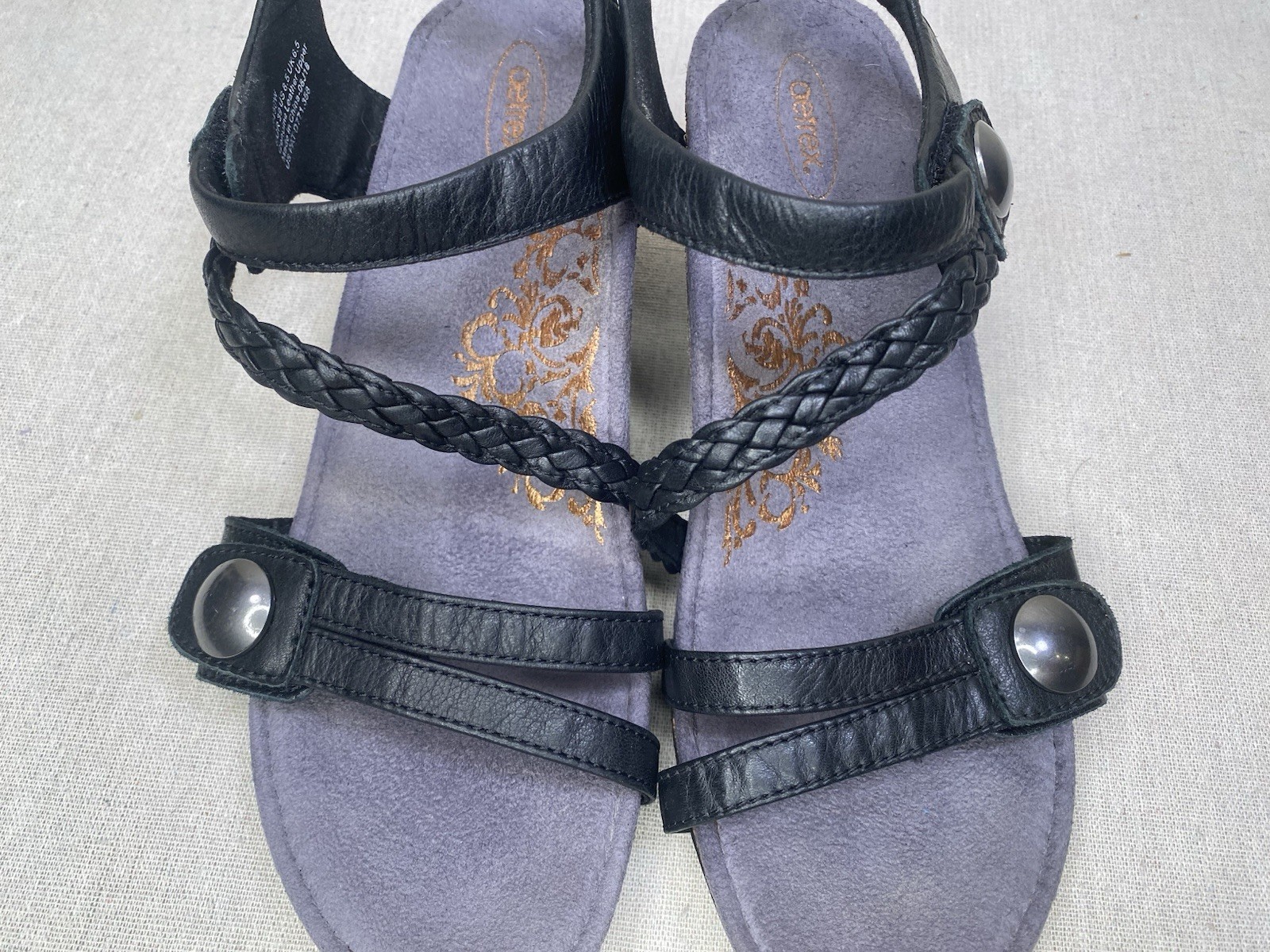 Aetrex Naya Black Leather Braided Strap Comfort Sandals Womens 8.5 EW450W