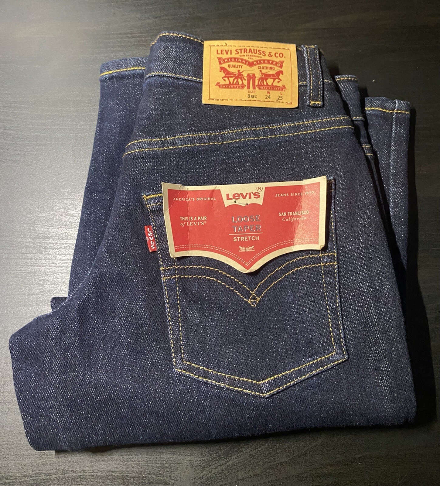 NEW LEVI’S LOOSE TAPER STRETCH BOYS Dark Wash JEANS Sz 8 REG W24″xL25″ 67%cotton
