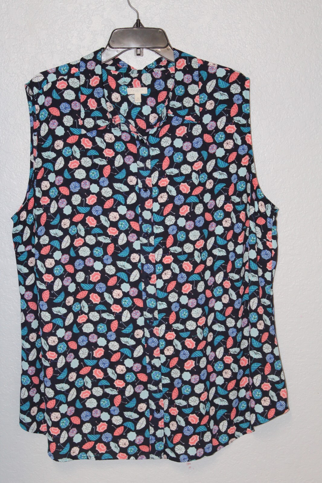 TALBOTS Women’s Plus 3X Navy Blue Multicolor Umbrellas Print Blouse Sleeveless