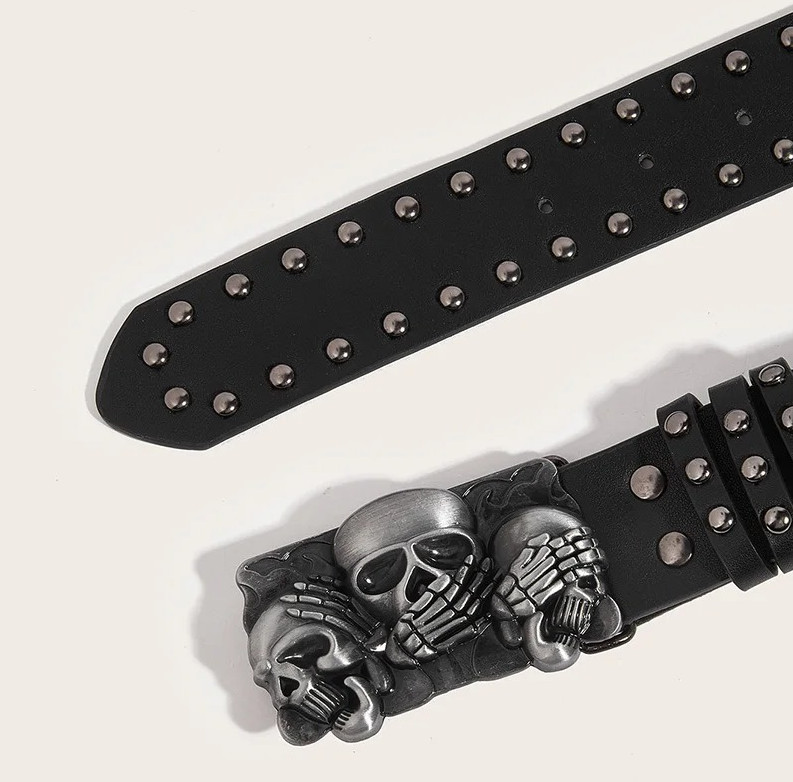 1pc 105cm/41in Punk Goth Rivet Belt Black Skull Buckle Waistband Belt – NEW