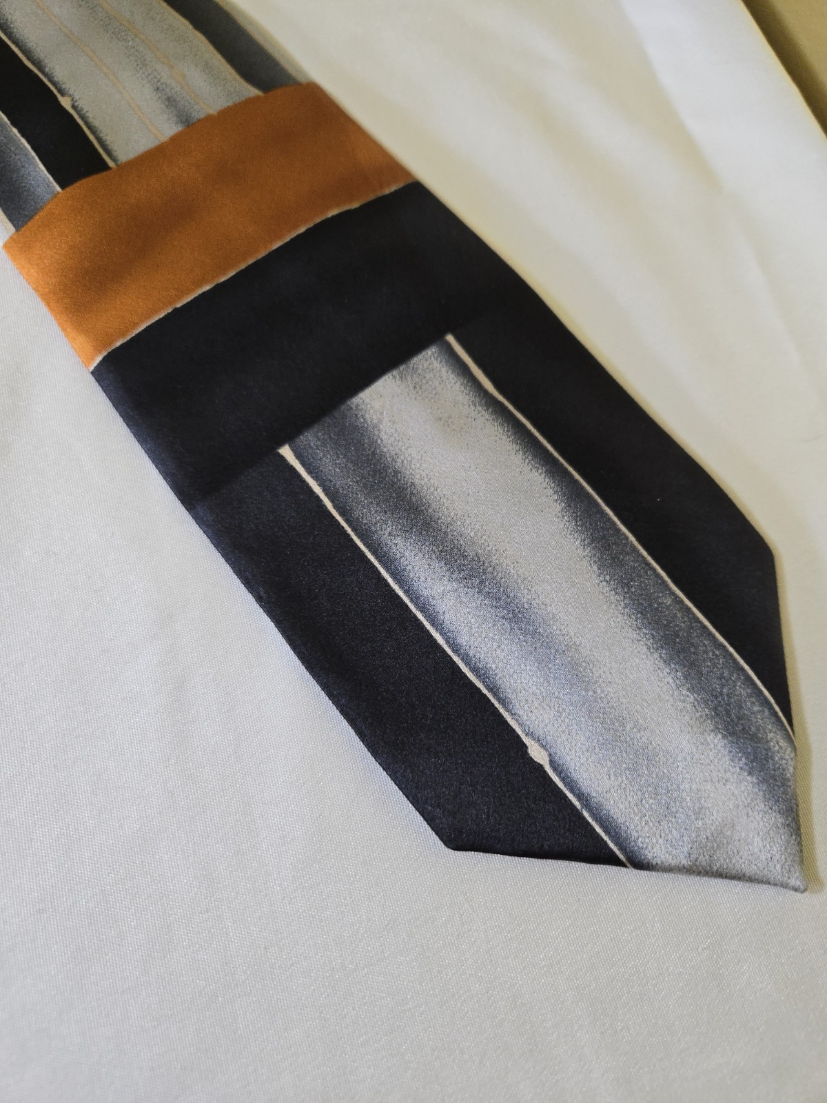 Hubert Milano Men’s Silk Satin Striped Pointed Tie Black Gray Brown Gold