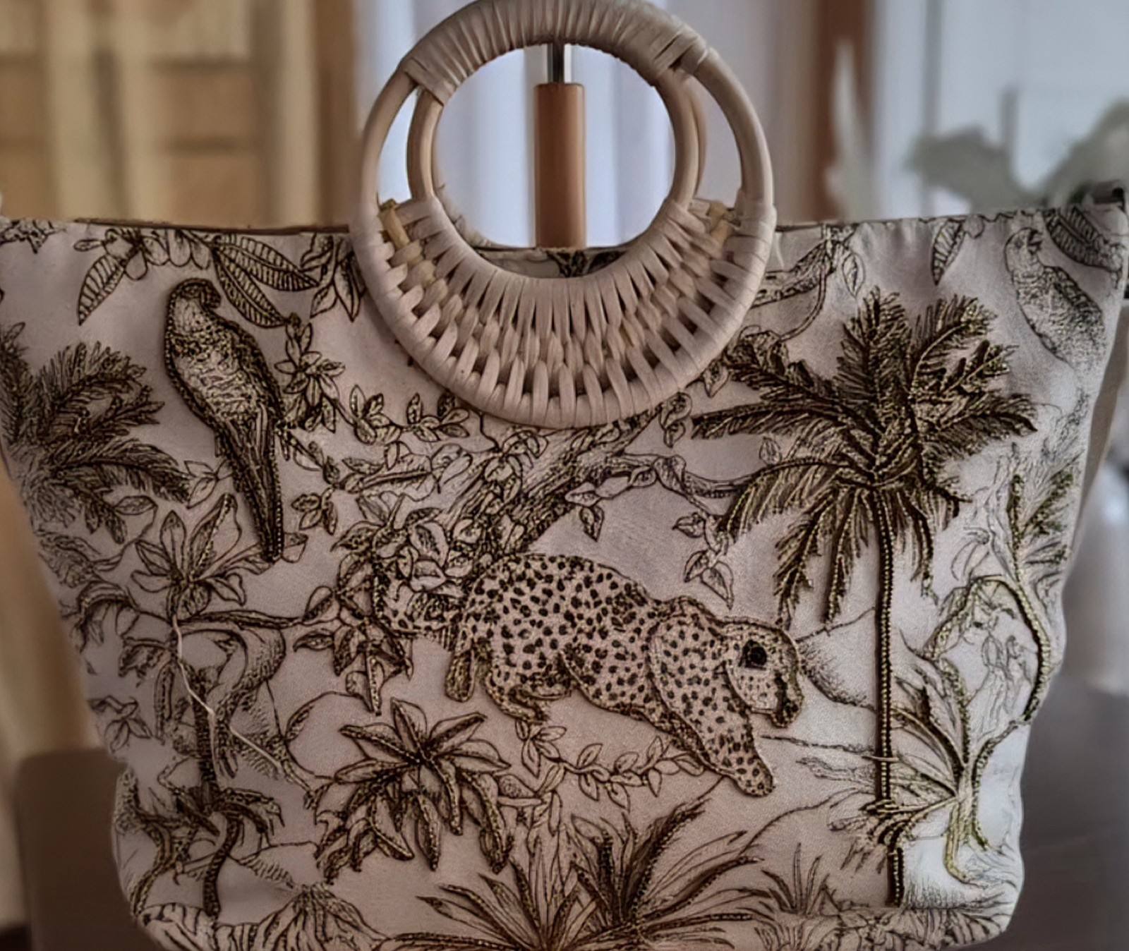 Designer Embroidery Safari Large Handbag With Round Woven Handles Detach Strap